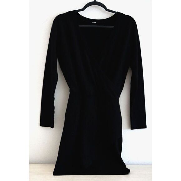 Monrow Women's Sz Small Black Supersoft Fleece Cross Over V Mini Dress - Picture 4 of 11